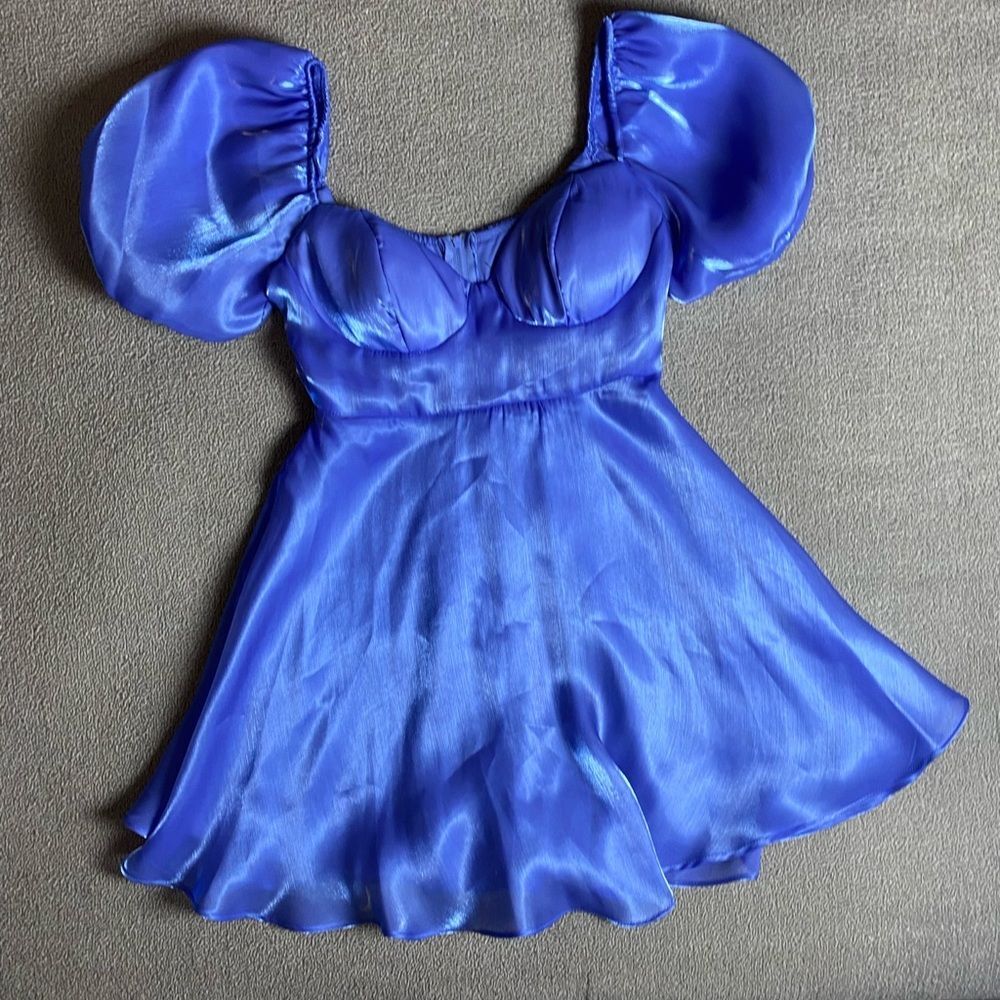 B. Darlin Blue Shimmery Mermaid Puff Sleeve Dress Prom Homecoming Spring Summer
